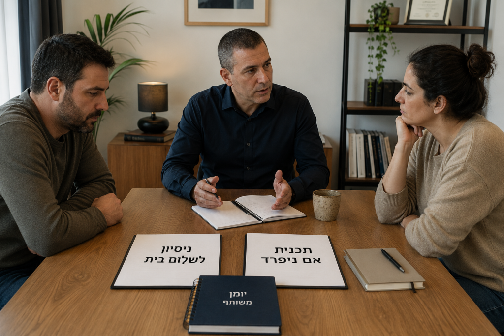 בני זוג ומגשר בונים הסכם שלום בית ולחלופין גירושין